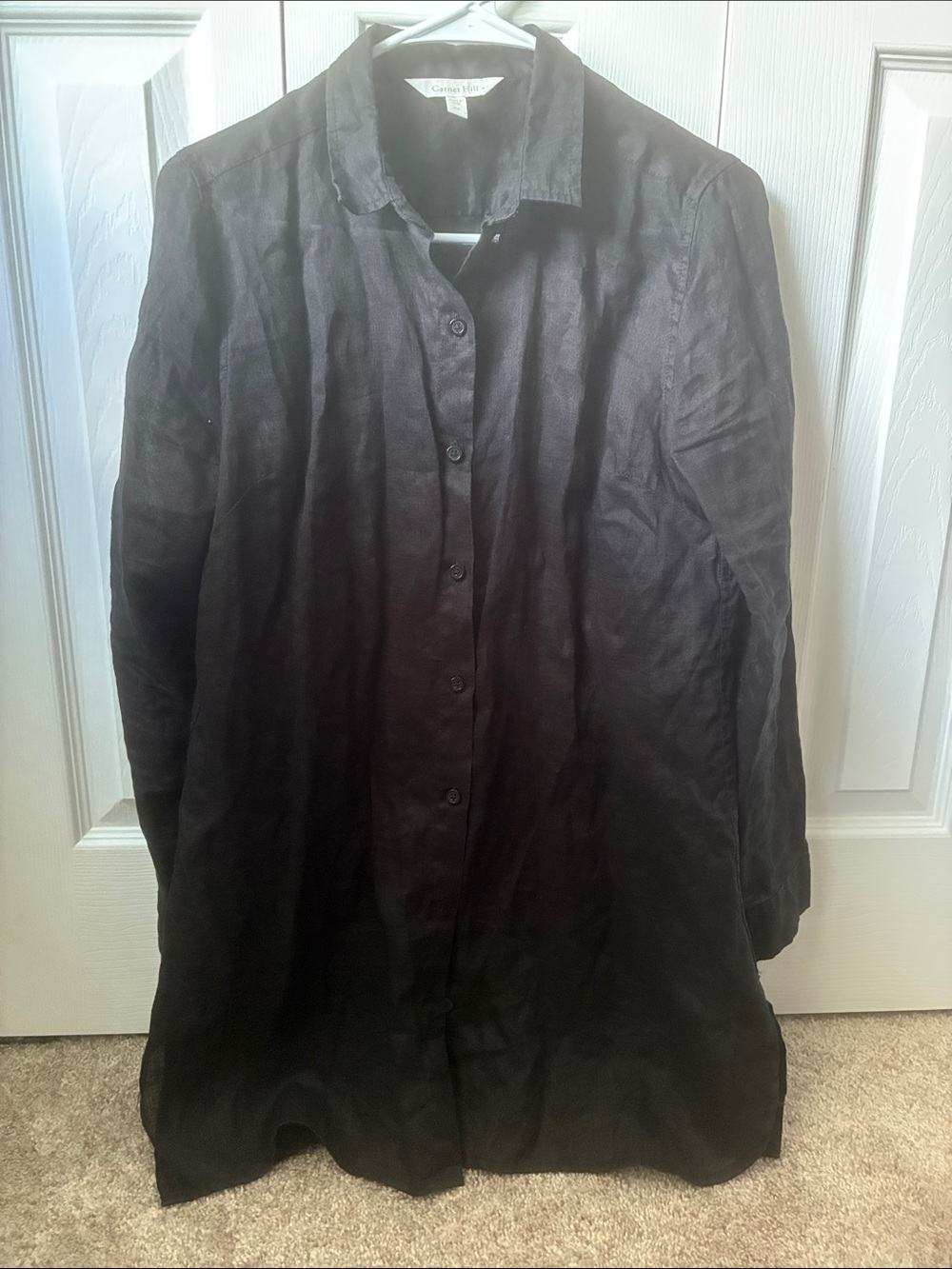 Garnet Hill Ladies Black Long-Sleeve Button-Front Linen Tunic